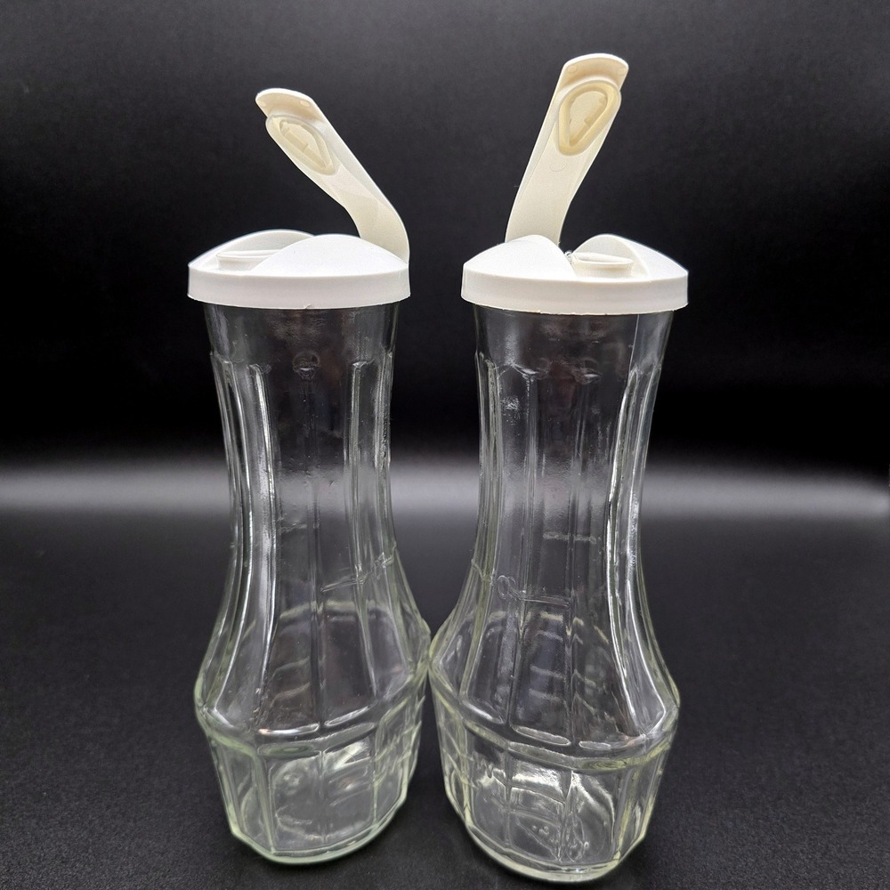 Vintage Good Seasons Glass Salad Dressing Cruet Set of 2 White Flip Top Lids - Picture 3 of 16